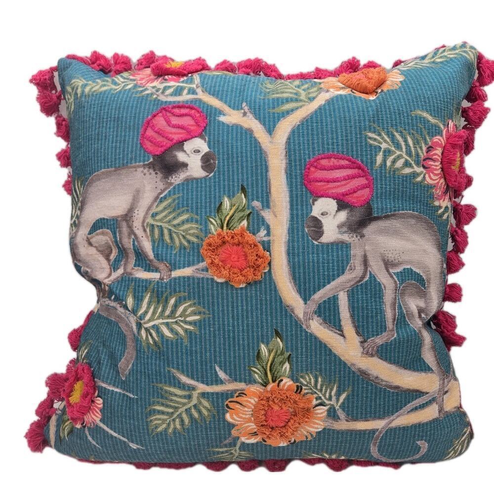 Tree Monkey Accent Pillow 19" Vibrant Tropical Colors Embroidered Crochet Jungle